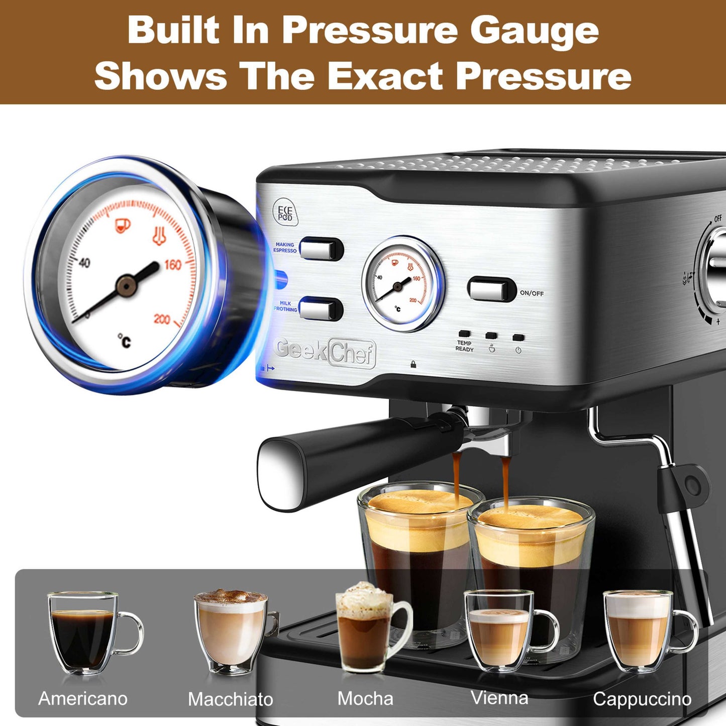 Espresso Machine 20 Bar Pump Pressure Cappuccino Latte Maker Coffee Machine With ESE POD Filter & Milk Frother Steam Wand & thermometer, 1.5L Water Tank