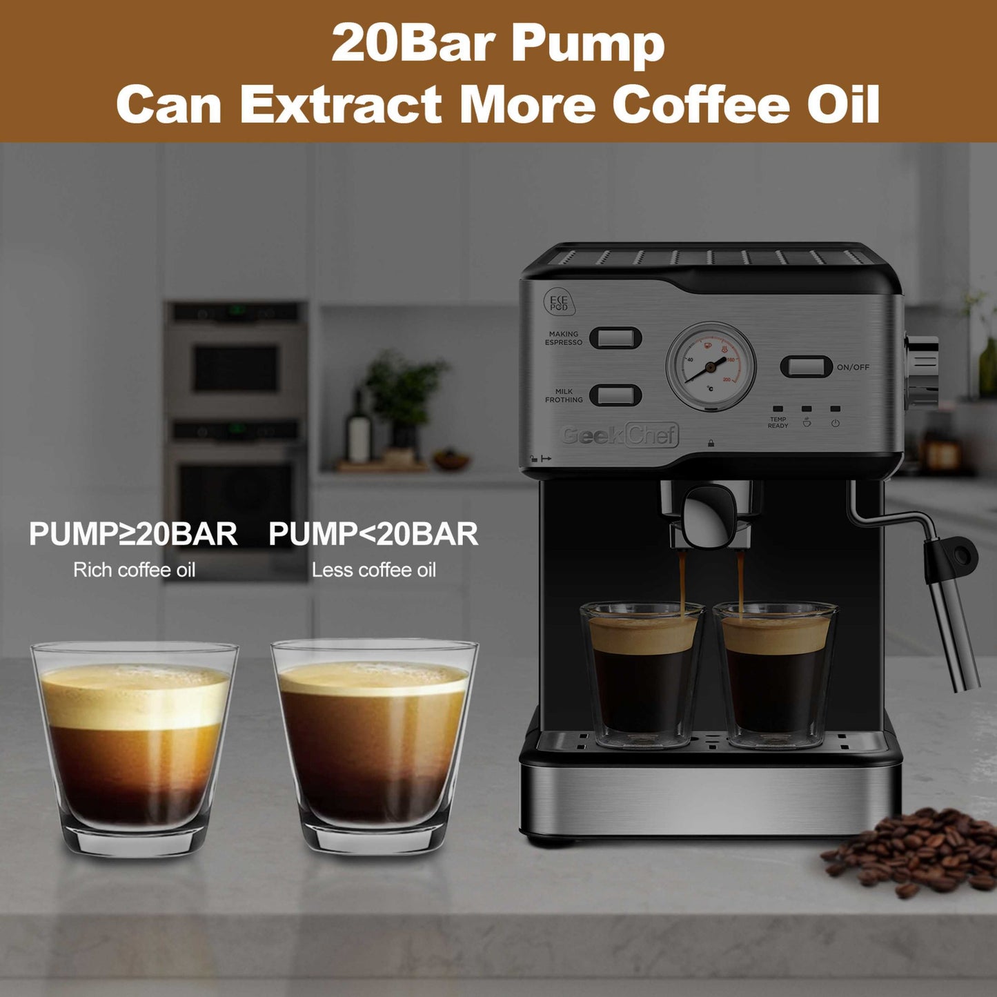 Espresso Machine 20 Bar Pump Pressure Cappuccino Latte Maker Coffee Machine With ESE POD Filter & Milk Frother Steam Wand & thermometer, 1.5L Water Tank