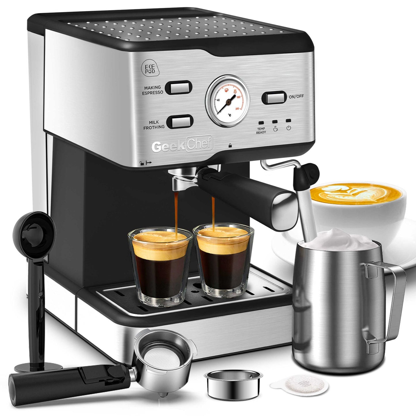 Espresso Machine 20 Bar Pump Pressure Cappuccino Latte Maker Coffee Machine With ESE POD Filter & Milk Frother Steam Wand & thermometer, 1.5L Water Tank