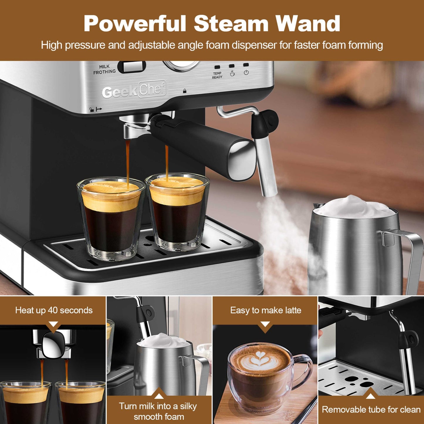 Espresso Machine 20 Bar Pump Pressure Cappuccino Latte Maker Coffee Machine With ESE POD Filter & Milk Frother Steam Wand & thermometer, 1.5L Water Tank